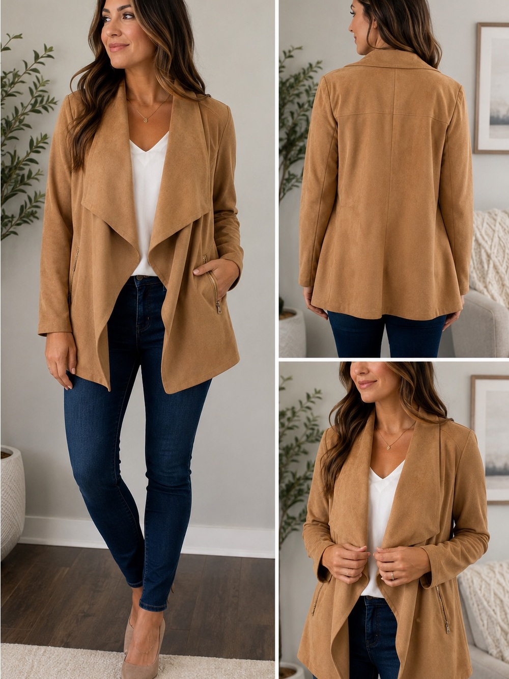 Women's Camel Open-Front Draped Blazer